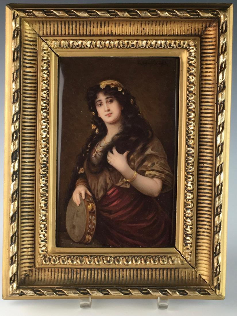 KPM Porcelain Plaque "Gypsy": Having a standing portrait of a gypsy lady holding a tambourine, artist signed on upper right, impressed KPM with scepter mark 226-145, very good condition, 8.88" x 5.75" , 13" x 10" with frame