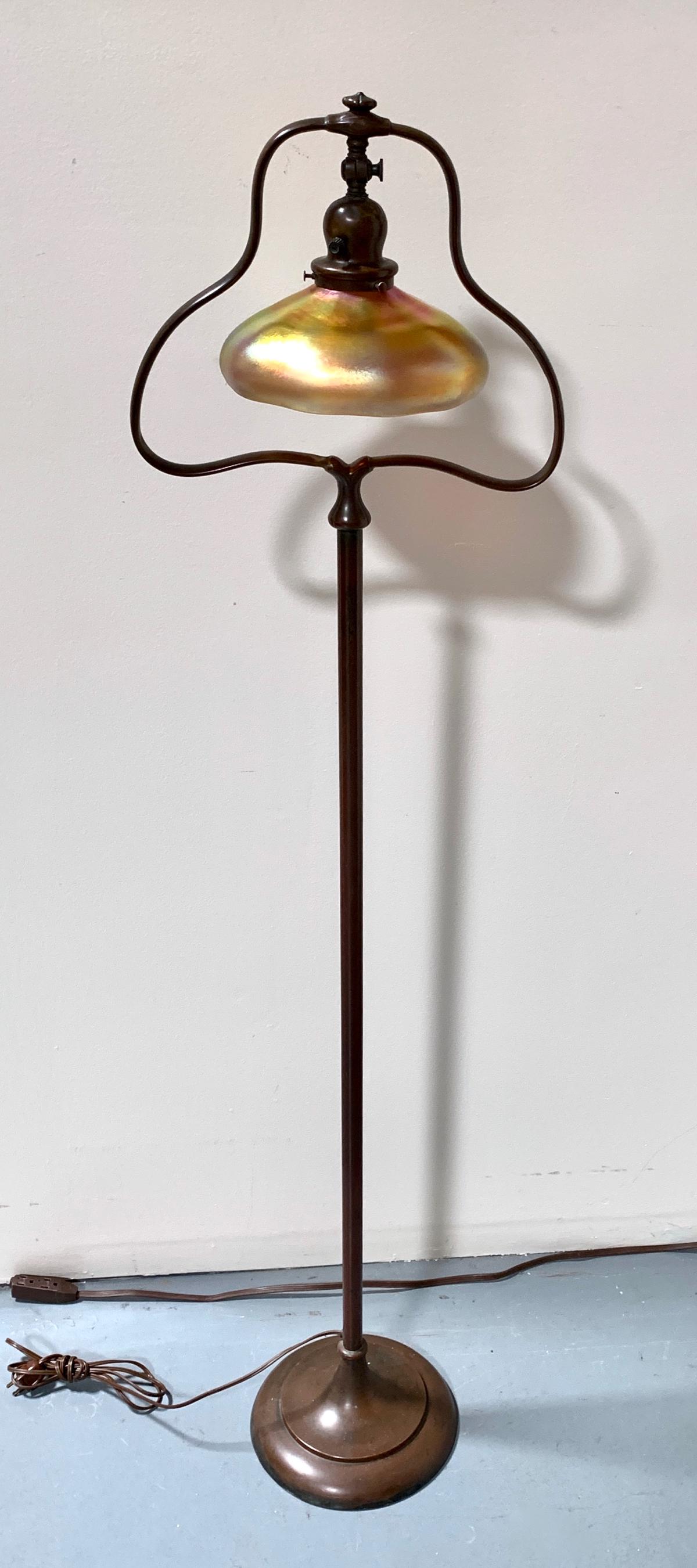 Steuben Aurene & Handel Floor Lamp C. 1920's: Nice Handel floor lamp with gold aurene Steuben shade, base and shade not signed, very good condition with no problems, 55.5" height *Wiring should be inspected before use*