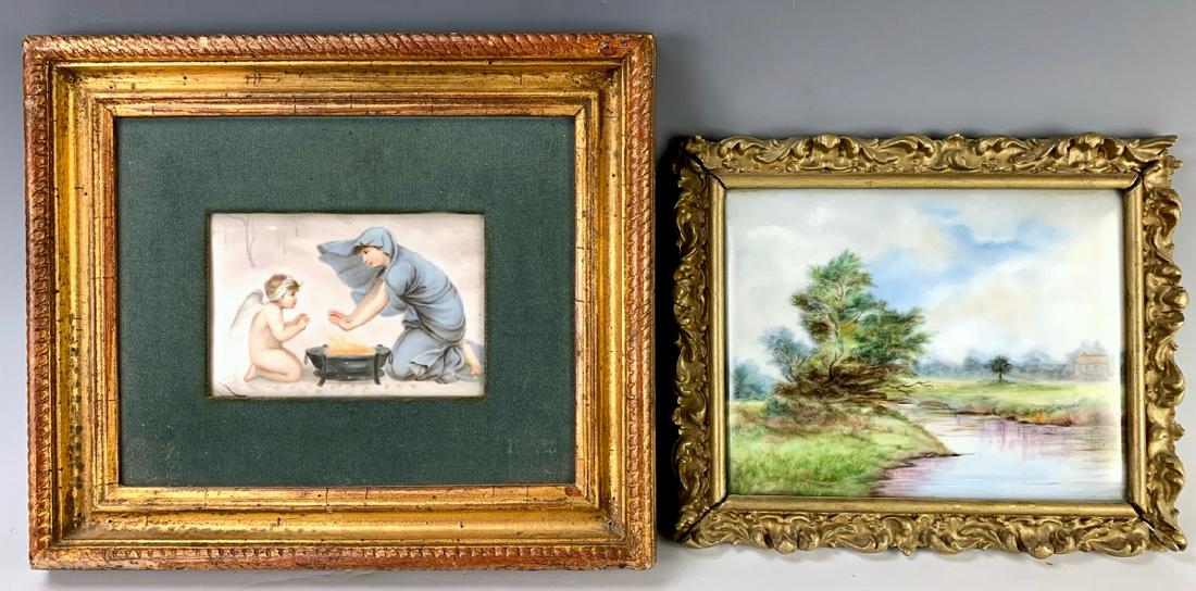 Two Hand Painted Porcelain Plaques C. 1900: One depicting a woman with cupid warming their hands over a fire and the other a country stream and house scene, good condition, 6" x 7.5" largest plaque
