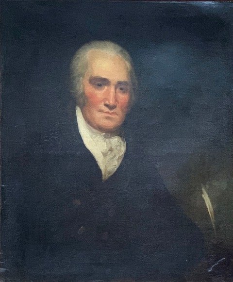 19th Century Portrait of English Nobleman w/ Provenance: Mounted in a quality wood frame, sticker on verso reads "Robert Woodgate of Dedham Court Co., his only daughter Isabelle Baines Woodgate, married his second wife on Oct 28, 1802, George Bonham and had