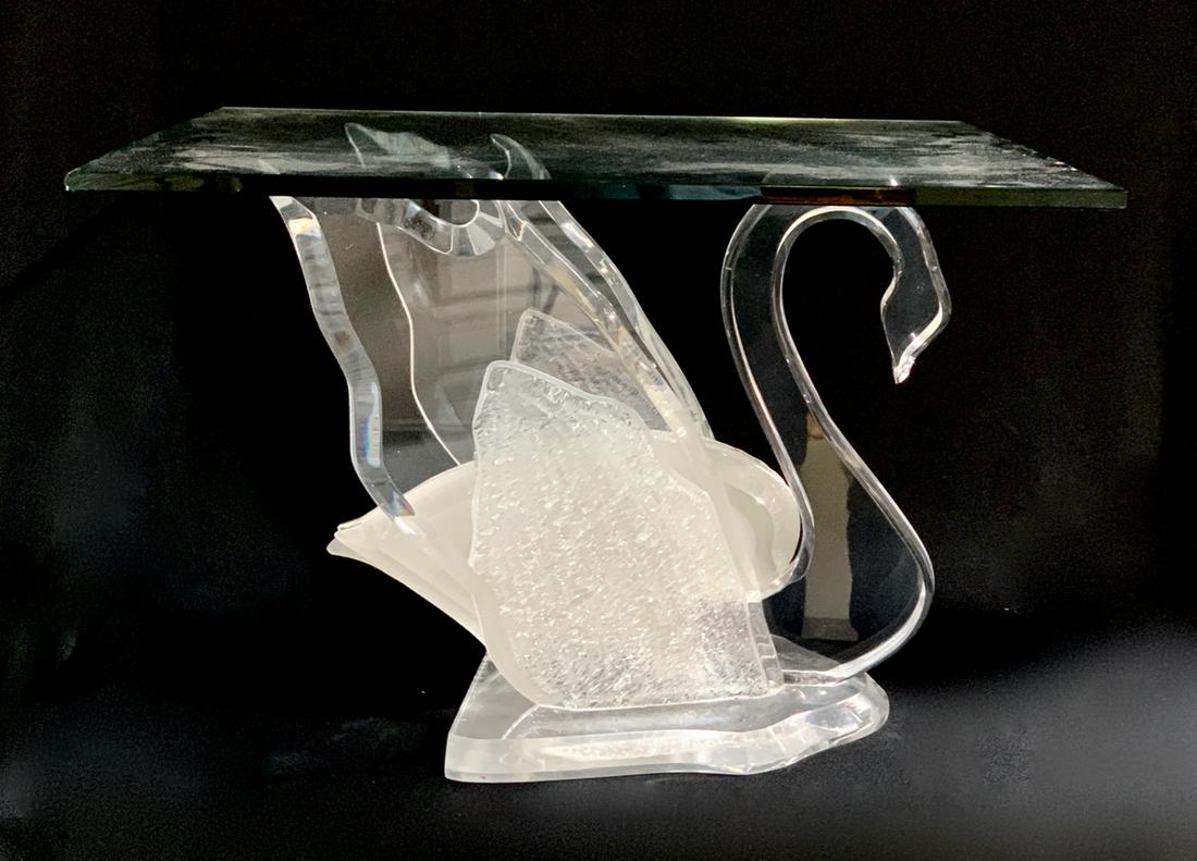 Attributed to Charles Hollis Jones Lucite Swan Table: Interesting lucite table in the style of Charles Hollin Jones, good condition, 17" x 25" x 22"