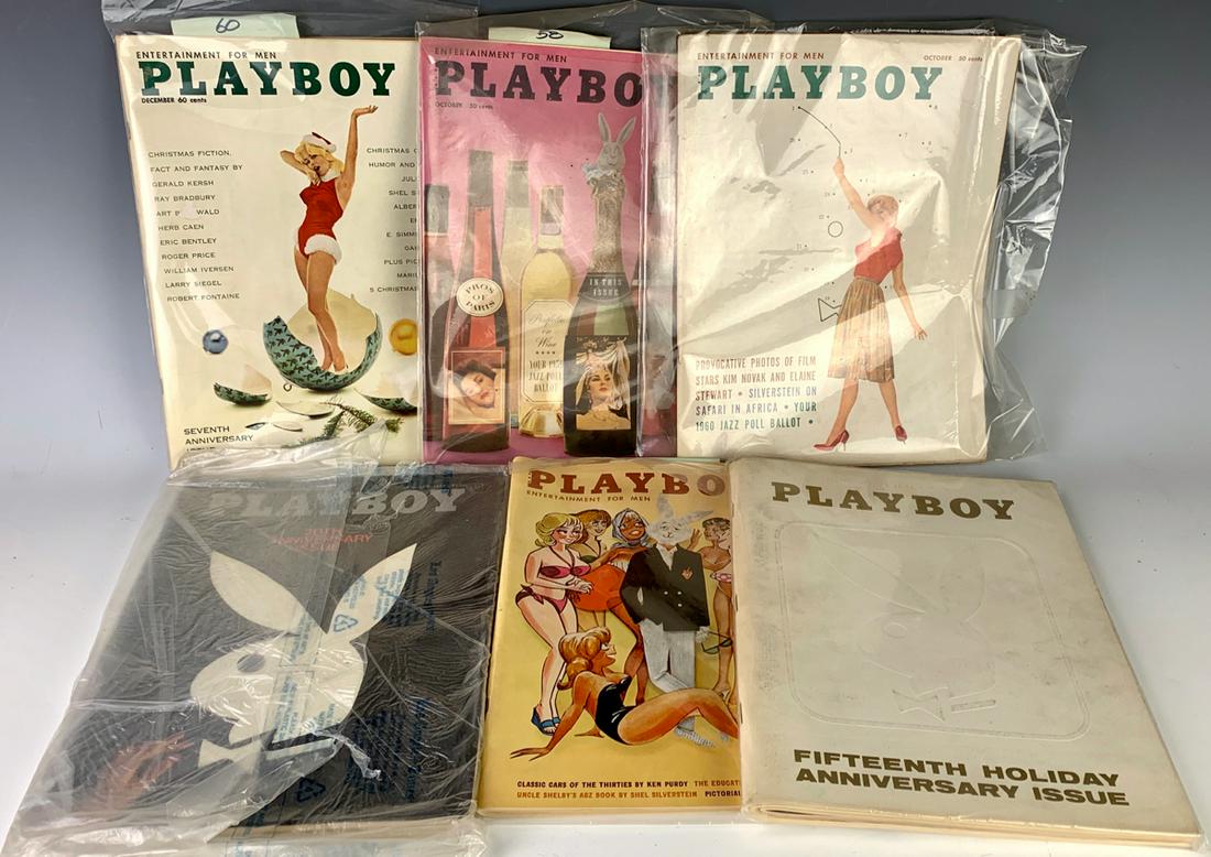 6 Early Playboy Magazines with Anniversary Issues: Having 15th and 20th anniversary Playboy issues as well as October 1958, December 1960, October 1959 and August 1961, minor wear, otherwise good condition