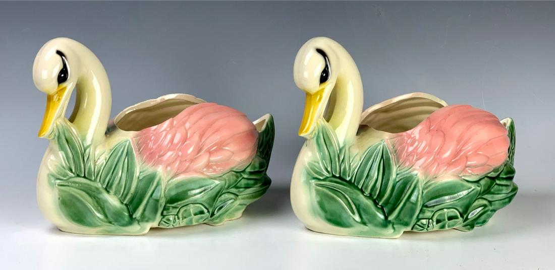 Great Pair American Pottery Swan Planters: Attributed to Brush McCoy, marked "USA UP 33", good condition, 12" length