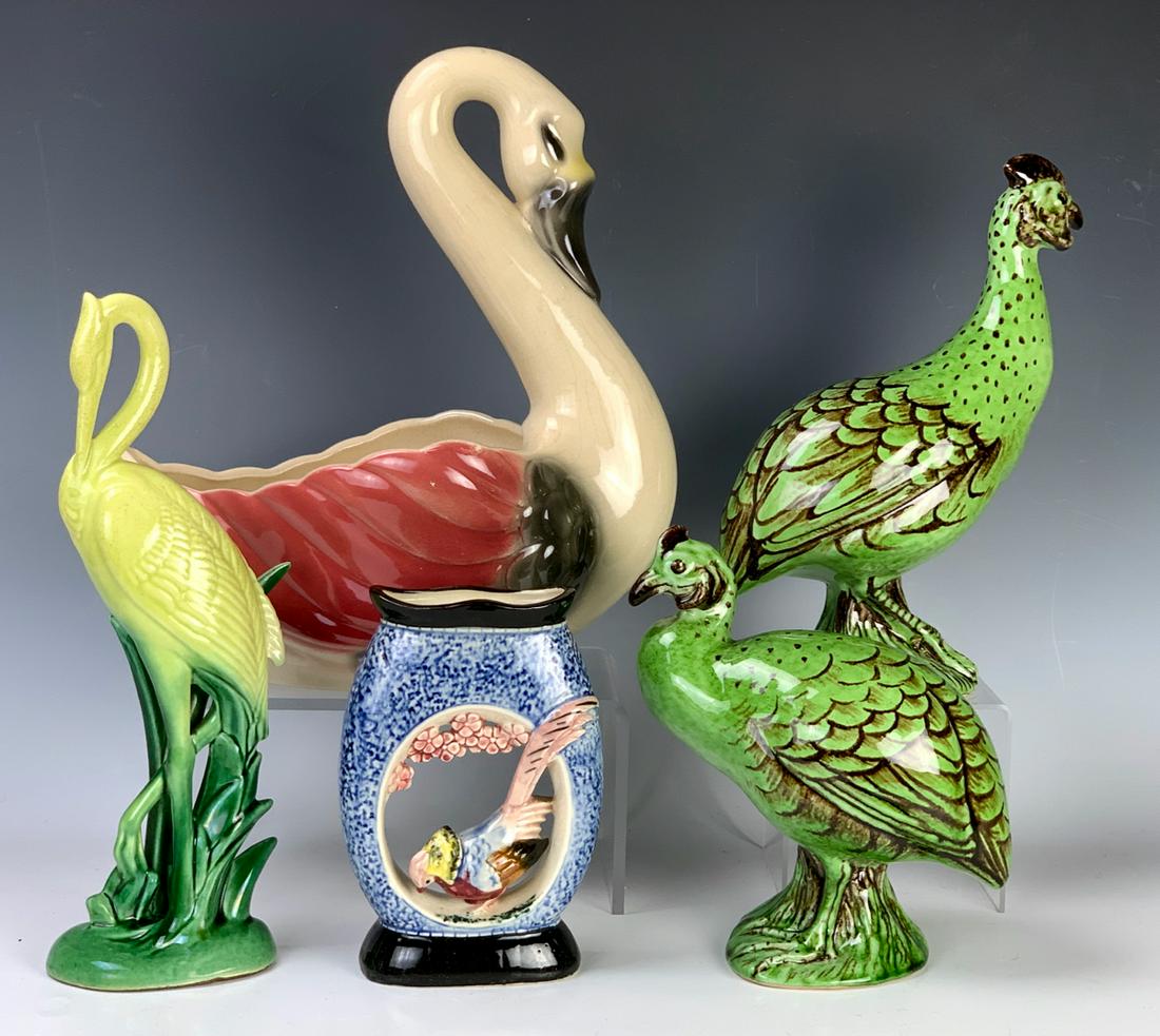Group of 5 Assorted Pottery Bird Items: Includes Brush McCoy swan planter, 2 green, etc, good condition, 12" tallest