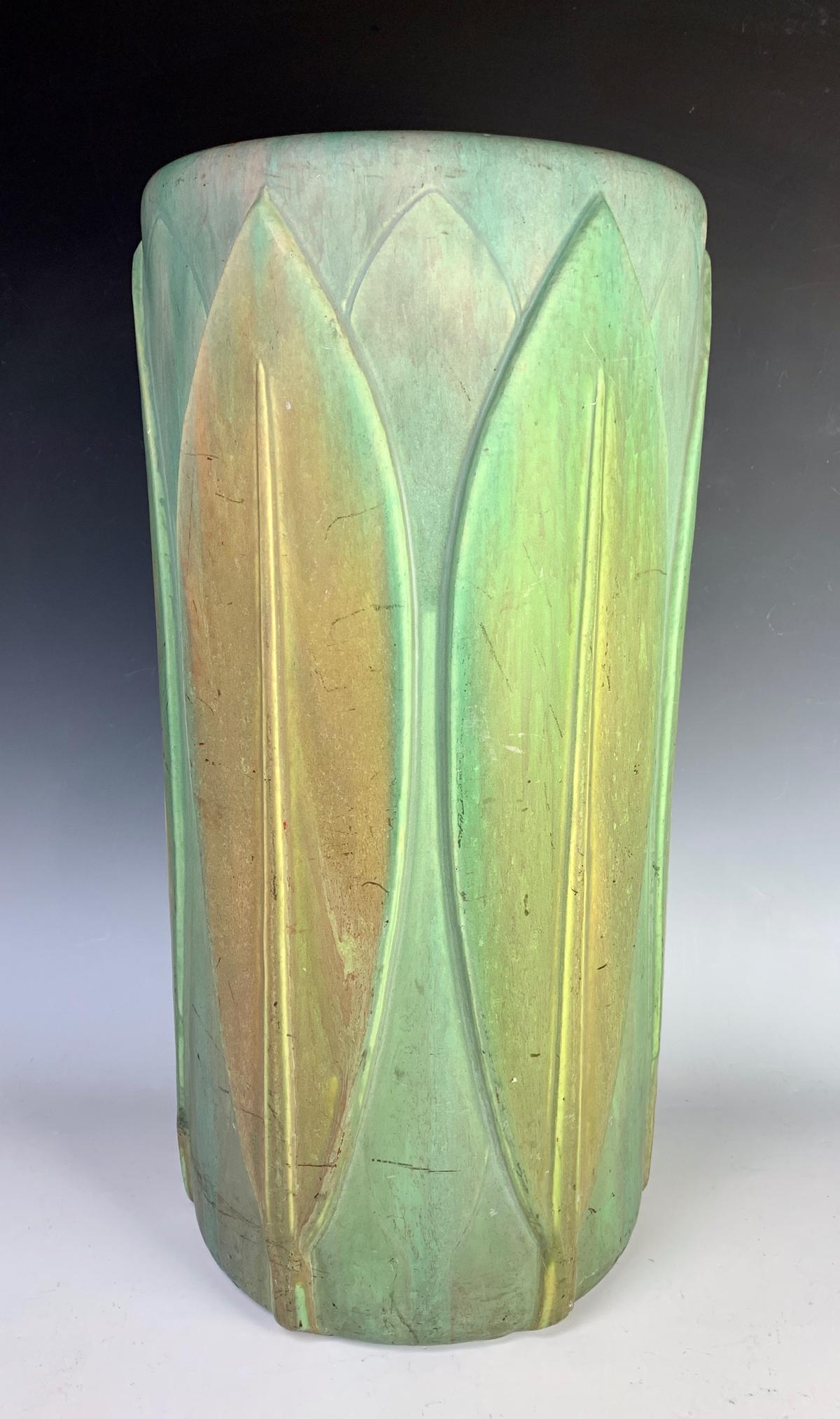 Early Roseville "Velmoss" Umbrella Stand: Early Roseville Velmoss 724-21 umbrella stand, nice large arts and crafts piece with matte green glaze, unmarked, good condition, marks throughout commensurate with age, 21" height