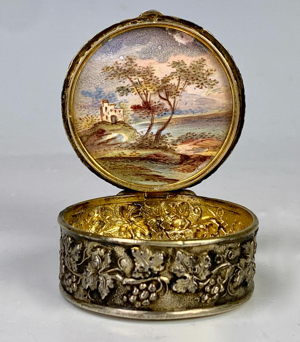 Viennese Enamel & Silver Box Attr: Pulitzer: Signed with hallmark of LP, presumably the mark of Ludwig Pulitzer, nice Rococo style silver box with enamel plaque inside the lid with decoration both top and bottom, inside and out, very good condit