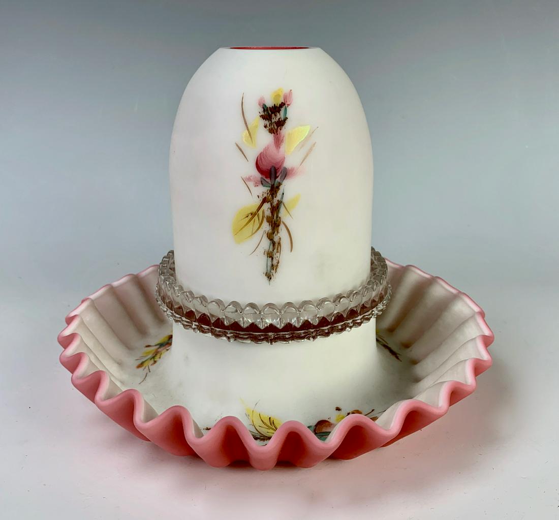 Fenton "Moss Rose" Fairy Lamp: Circa 1960, pink and white cased satin ruffled reversible base, retains clear glass signed "Clarke's" late 19th century insert, pink and white satin decorated dome shape, very good condition, minor fl