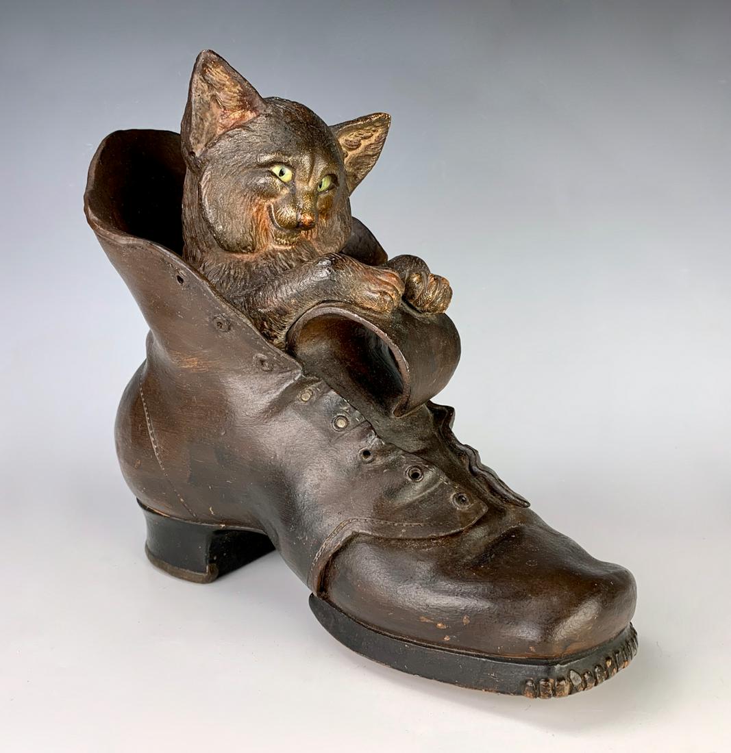 Antique Terracotta "Cat in Shoe" Figure C. 1900: Possibly Johan Maresch, Austria, wonderful figure of a cat with glass eyes poking out of an old shoe, good condition, 9.5" height