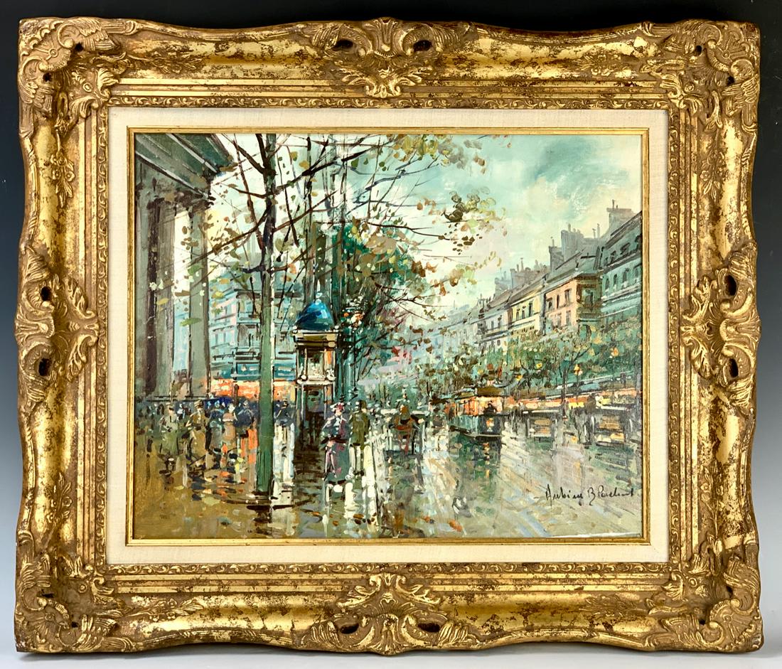 Antoine Blanchard Jr (Paris, France 20th Century): Paris street scene oil on canvas, signed, mounted in an ornate gilt frame, this is the son not the father, very good condition, 16" x 20", 23.5" x 28" with frame