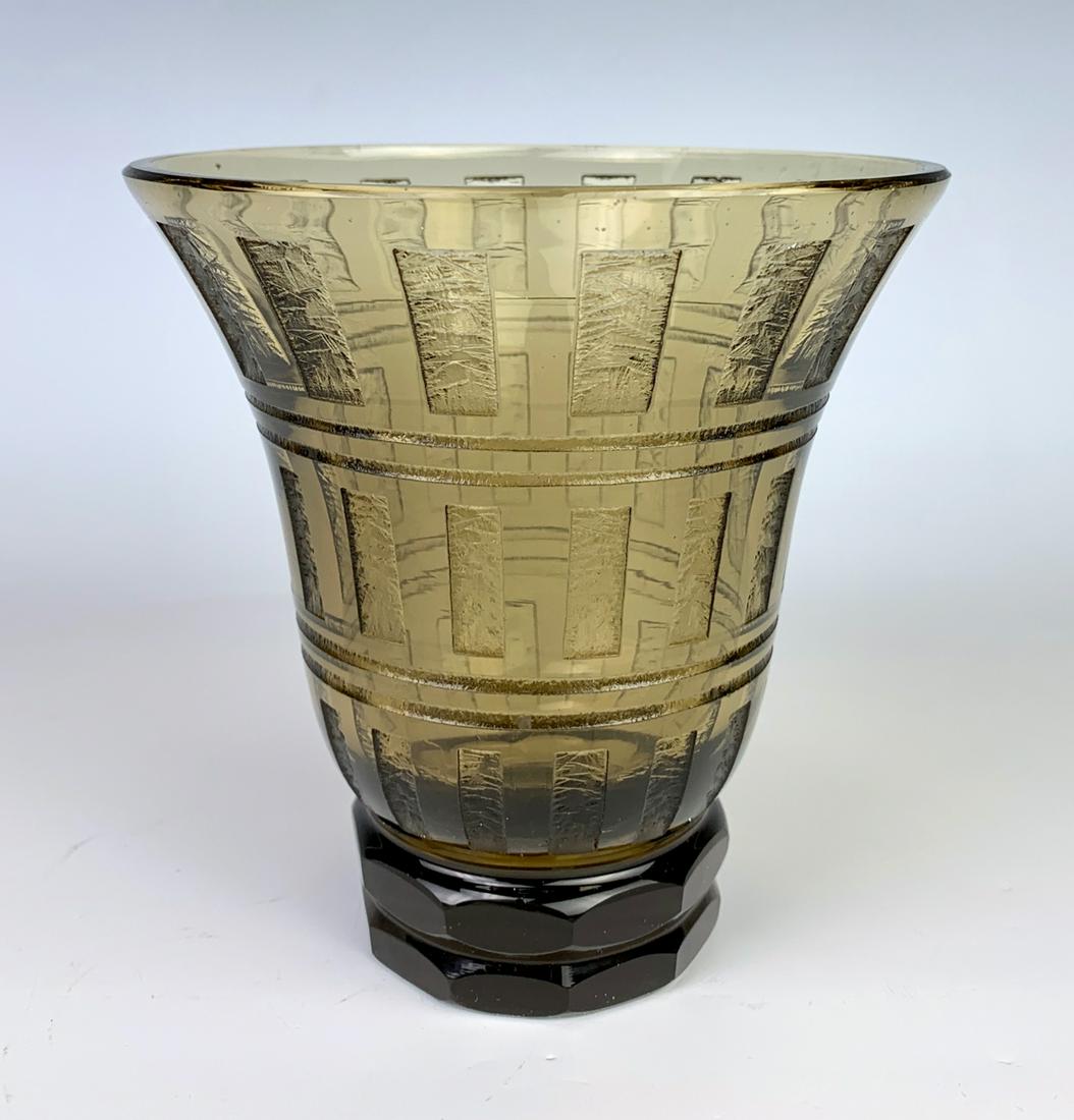 Daum Nancy Art Deco Acid Cut Back Vase: Having a smoke color with geometric design, signed "Daum Nancy" with cross of Lorraine, very good condition, 5.25" x 5"
