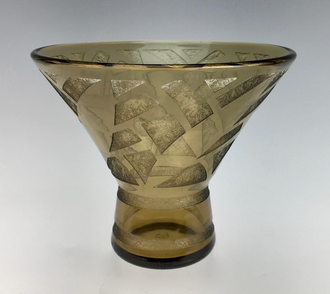 Daum Nancy Art Deco Acid Cut Vase: Circa 1925, smoke in color with carved cross hatch design, signed "Daum Nancy France" with cross of Lorraine, very good condition, 6" x 7"