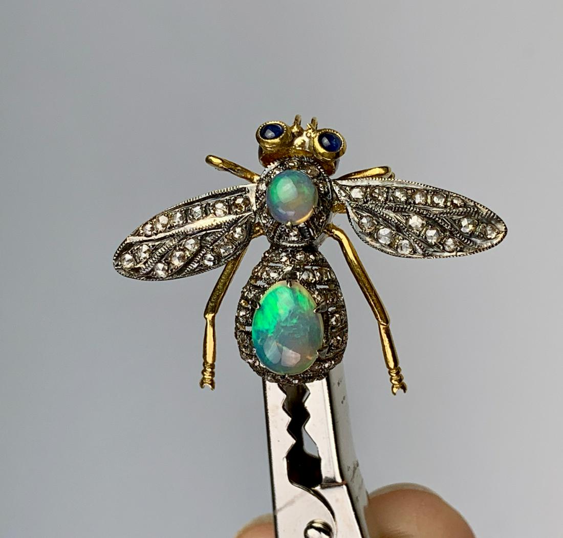 Edwardian Style Opal, Diamonds & Vermeil Fly Pin: Fabulous 2 opals, diamonds and vermeil fly pin with articulate wings, also has bale for wearing as a pendant very good condition, 1.125" length