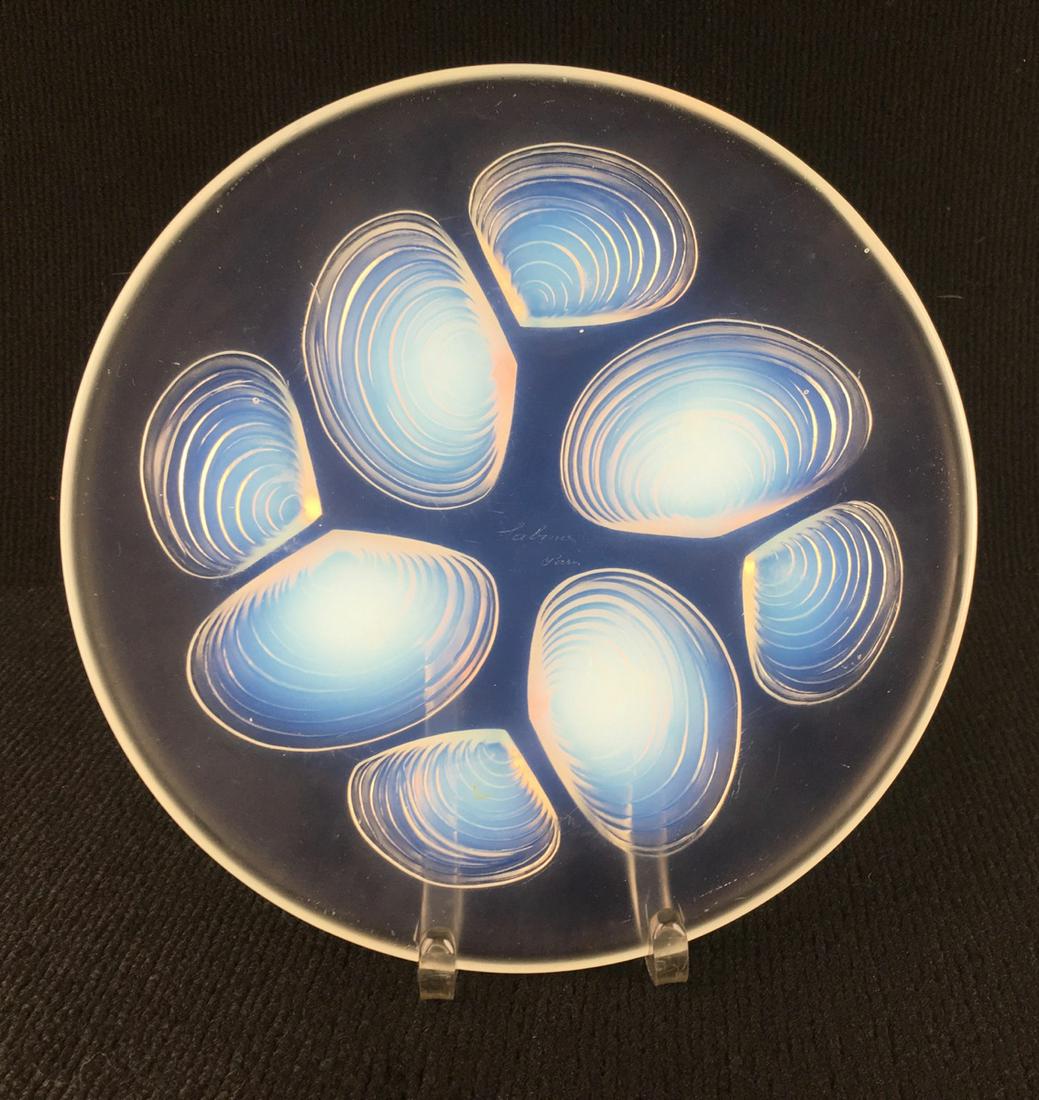 Sabino Opalescent Coquille Plate: This Sabino glass plate dates to the 1920's and is a fabulous example of the coquille pattern in opalescent glass, signed "Sabino Paris" good condition, slight minor wear commensurate with age, 10" di