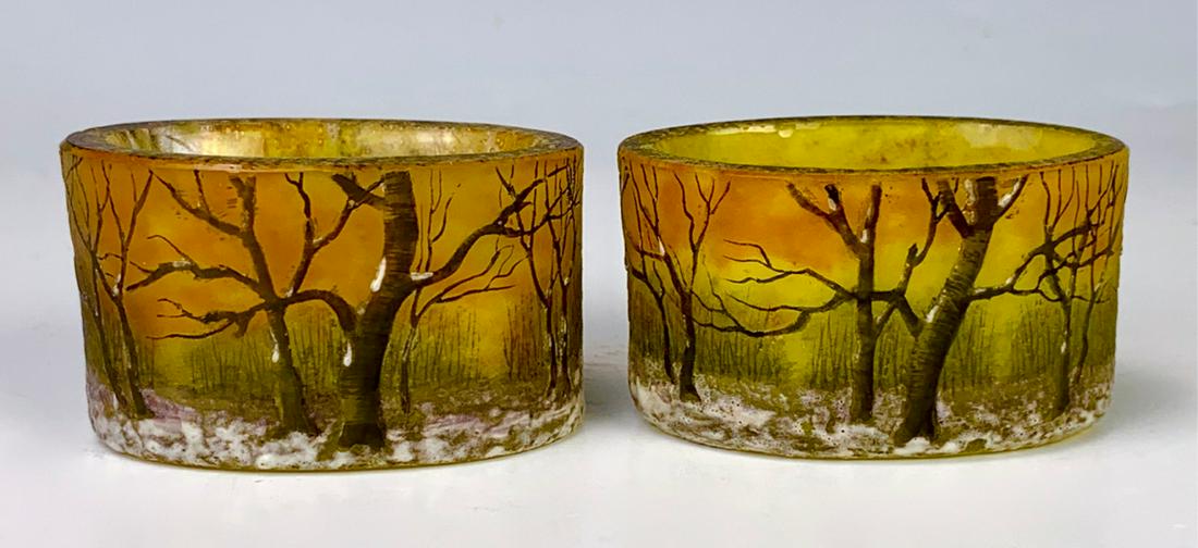 Pair Daum Nancy "Paysage d'Hiver" Cameo Salts: Enameled cameo glass, signed in enamel "Daum Nancy" with cross of Lorraine, very good condition, 1.125" x 2"