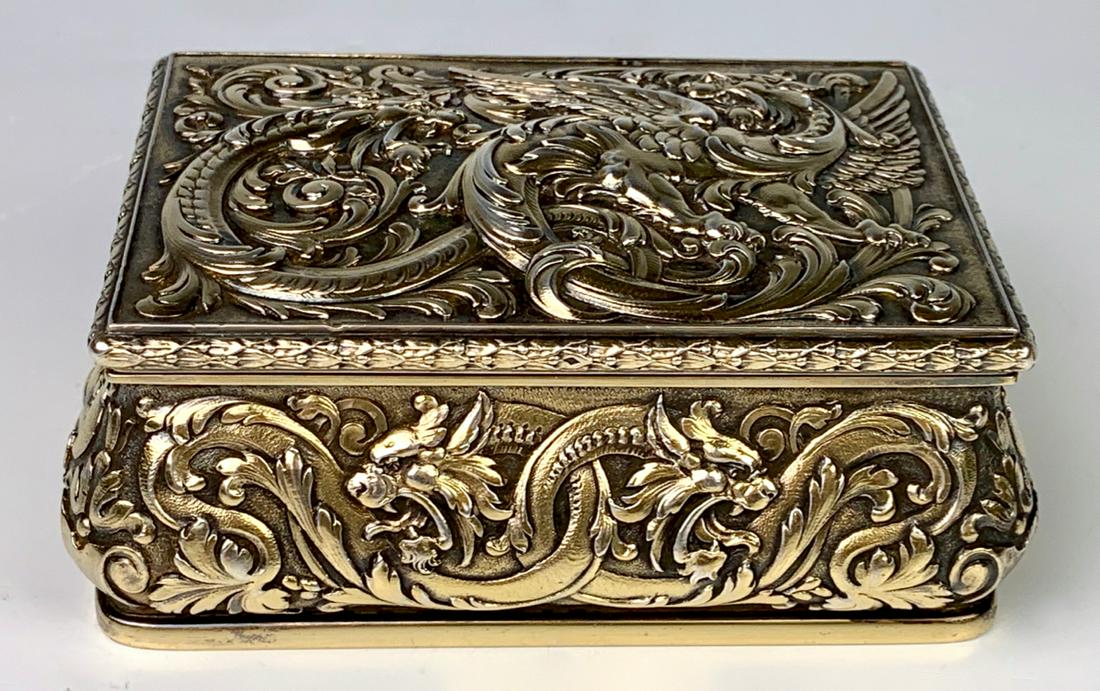 Tiffany & Co. Paris 800 Repousse Dragon Stamp Box: Finest quality 800/1000 silver repousse dragon stamp box, having 3 sections for stamps, sides and top as chased with winged dragons, heavy 498 grams, marked on bottom "Tiffany & Co, Paris", hallmarks 
