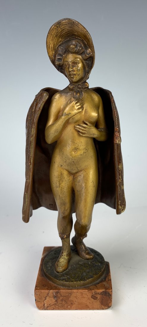 Bergman Erotic Mechanical Bronze Lady & Coat: Circa 1900, depicts a standing lady with bonnet and cape when opened it reveals her nudity, standing on a circular bronze plinth mounted on top of a square reuge marble base, signed "Nam Greb" and "B"