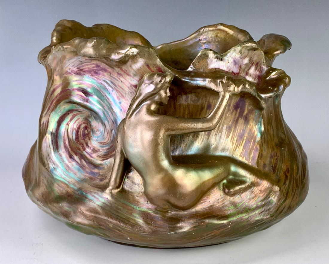 Clement Massier 1844-1917) Large Art Nouveau Vase: Rare art nouveau large iridescent vase with figural nude nymph emerging from the waves, signed "Clement Massier, Golfe-Juan, AM", very good condition, 8" x 12"