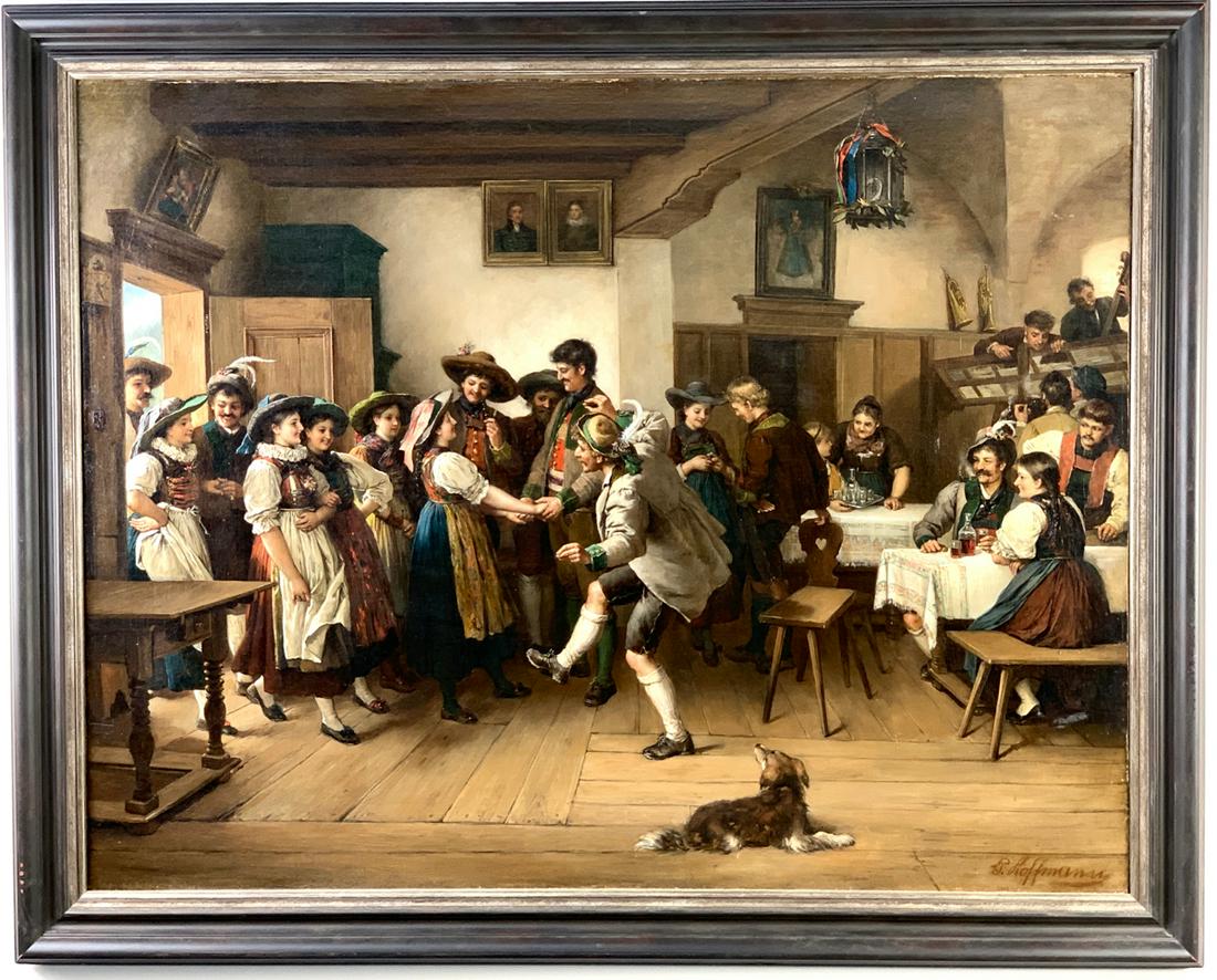 Paul Hoffman (German 19th C.) "The Engagement": Circa 1870's, wonderful large oil on canvas by German artist Paul Hoffmann, signed on lower right, scene depicts a large group of people celebrating an engagement, mounted in a walnut frame, good cond