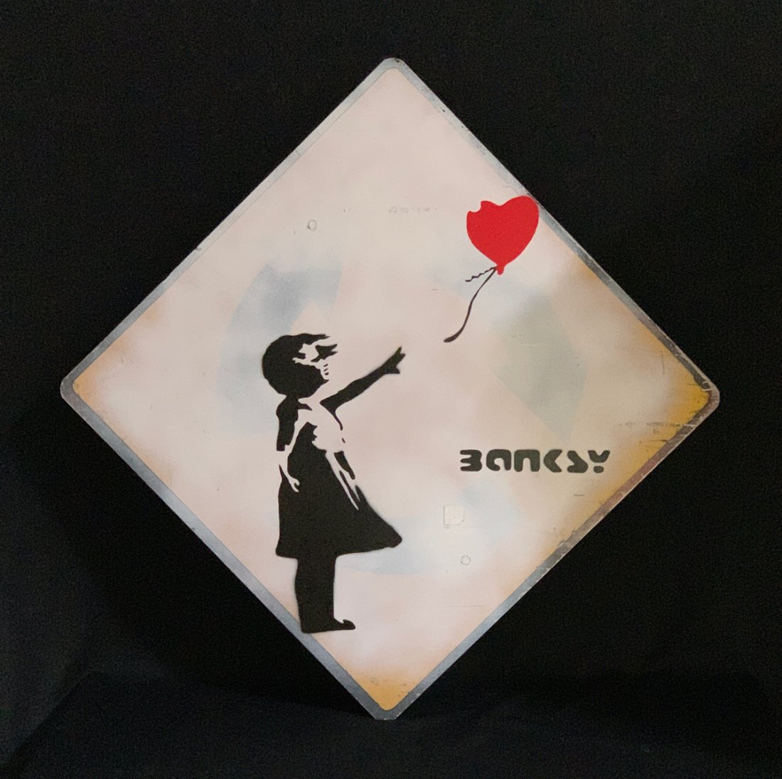 Banksy "Girl with Red Balloon" on Metal Sign: Spray painted on metal sign, being sold in the style of Banksy, please bid accordingly, 24" x 24" x 24"