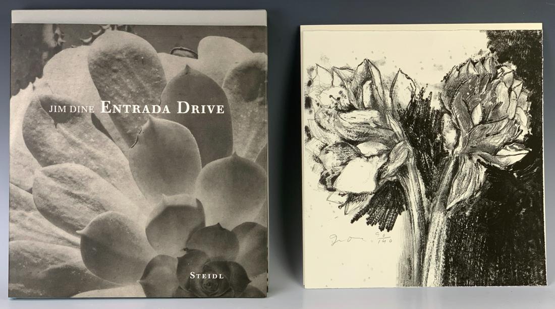 Jim Dine "Entrada Drive" Signed & Limited Edition: Limited edition with original print 90/140, signed and numbered hard back book and slipcase cloth bound with dust jacket, like new condition, 13" x 12"