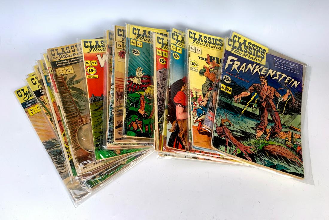 28 Classic Illustrated Comic Books: Includes Rip Van Winkle, Huck Finn, Oliver Twist, Frankenstein and many others, originally 15 cents, have been in plastic for over 35 years, good condition, 10" x 7.5"