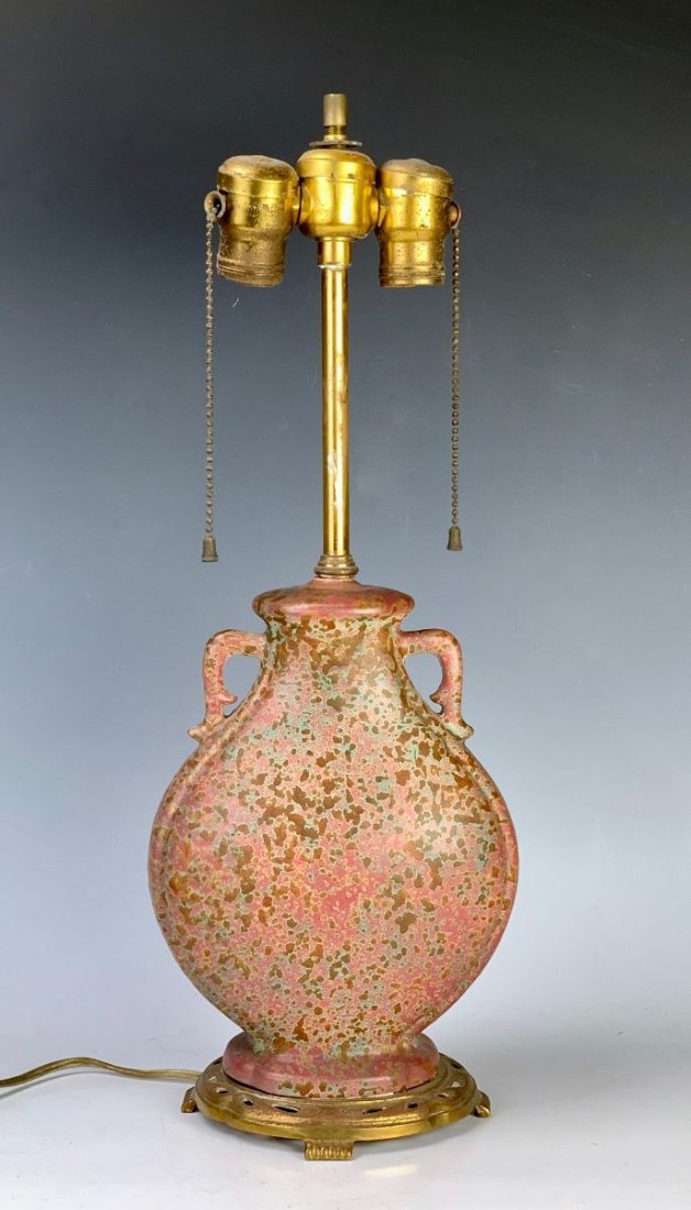Rare Roseville (?) Experimental Glaze Factory Lamp: Circa 1915-1925, exquisite mottled glaze, possibly from the Carnelian 11 line, same shape is also done in the Weller Coppertone line with the possibility of lamp being an experimental glaze Weller lam