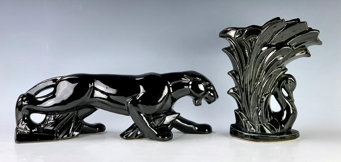 McCoy Black Panther and Swan Vase: Hard to find McCoy black panther and also a McCoy swan vase, panther is not marked, good condition, 15" largest