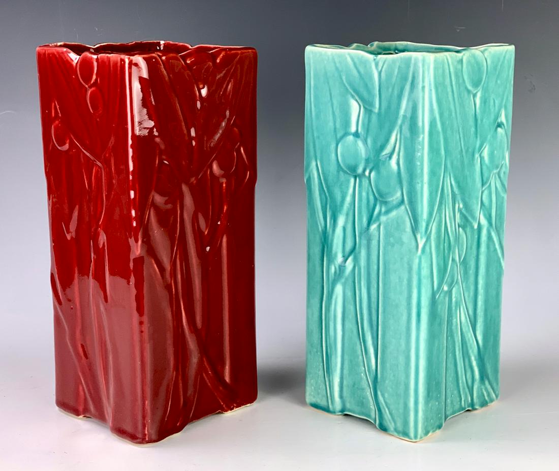 Two Rare Nelson Mccoy Square Vases C. 1941: Very hard to find with wonderful glaze and each side with different design, floral and cherries, marked on underside "McCoy USA", good condition, 10.5 "height