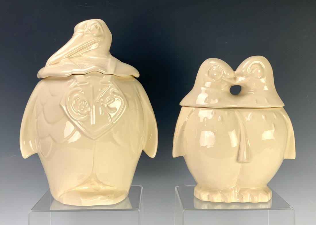 2 McCoy Cookie Jars Penguin & 2 Lovebirds: 2 vintage cookie jars, includes 1 with kissing birds and one with white penguin, both made of ceramic, good condition with light crazing, 10" tallest