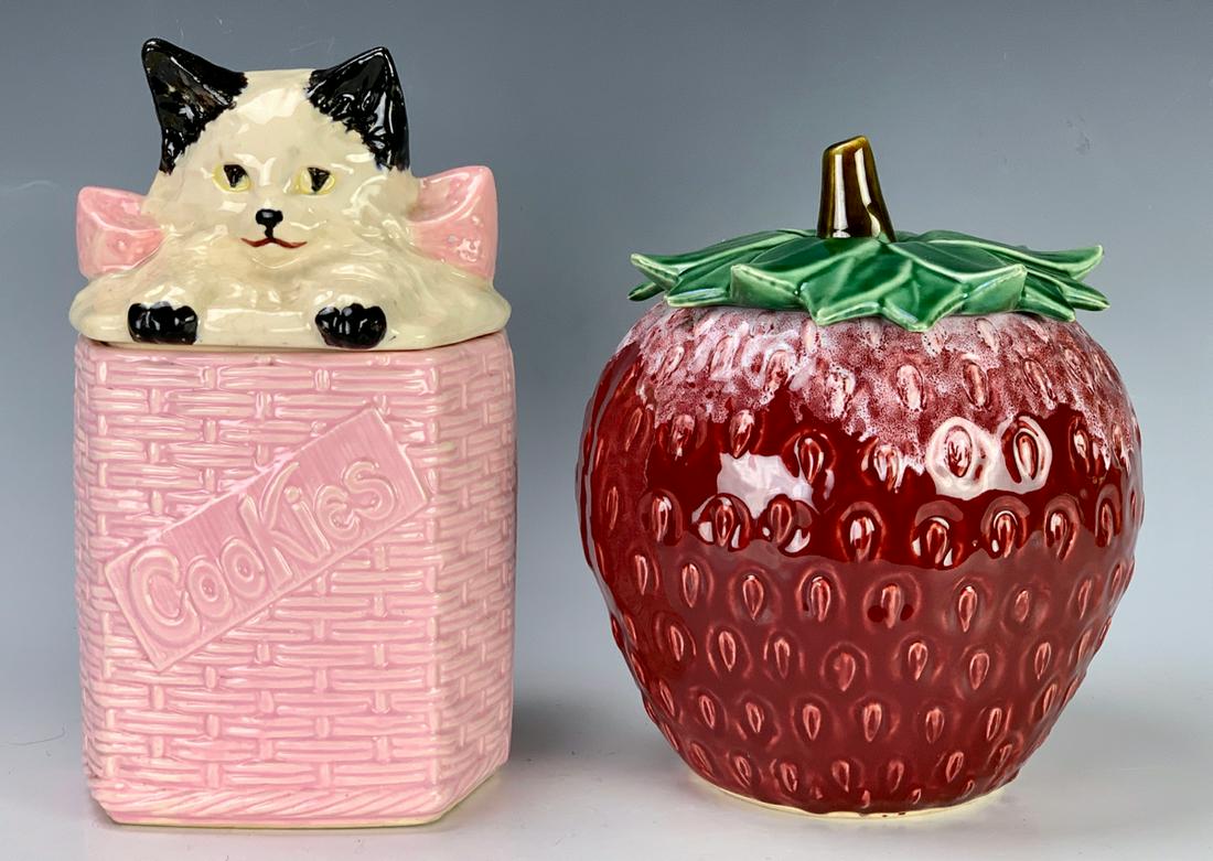 2 McCoy Cookie Jars Kitten on Basket & Strawberry: Includes one kitten on basket weave and one strawberry, made by McCoy, good condition, 10" tallest