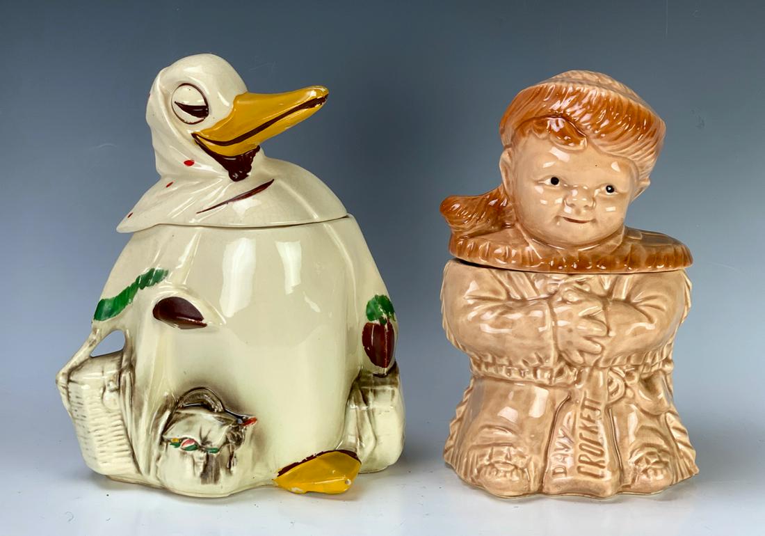 2 McCoy Cookie Jars Davey Crockett & Duck: Davey Crockett by Brush McCoy (rare) and a McCoy duck, duck has crazing, Davey Crockett in good condition, 10" largest