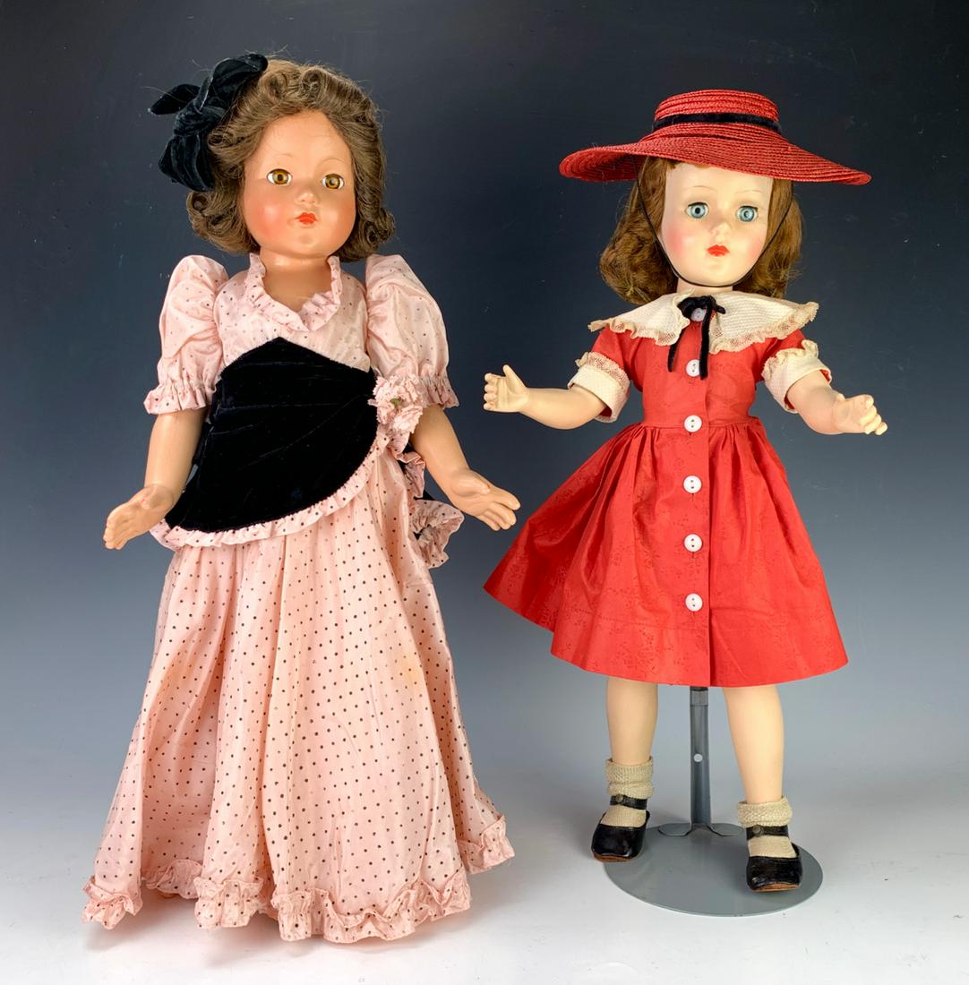 2 Composition Dolls Ann Shirley & Sweet Sue: Ann Shirley has swivel head, 5 piece child body, original clothing, long pink gown, 20" height, Sweet Sue has original clothing including hat, walker doll, 21" height, both very good condition *Privat