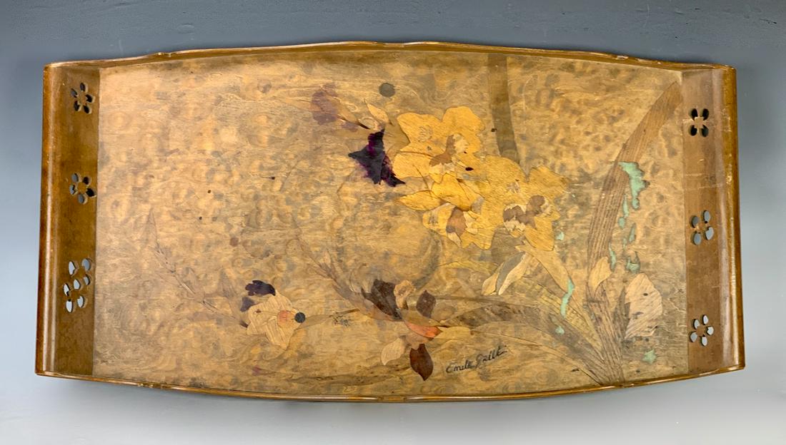 Large Emile Galle Marquetry Tray C. 1920: Having a large foliage inlay tray signed "Emile Galle", one leaf inlay missing and marks on bottom indicate it possibly has stands, 29" x 15"