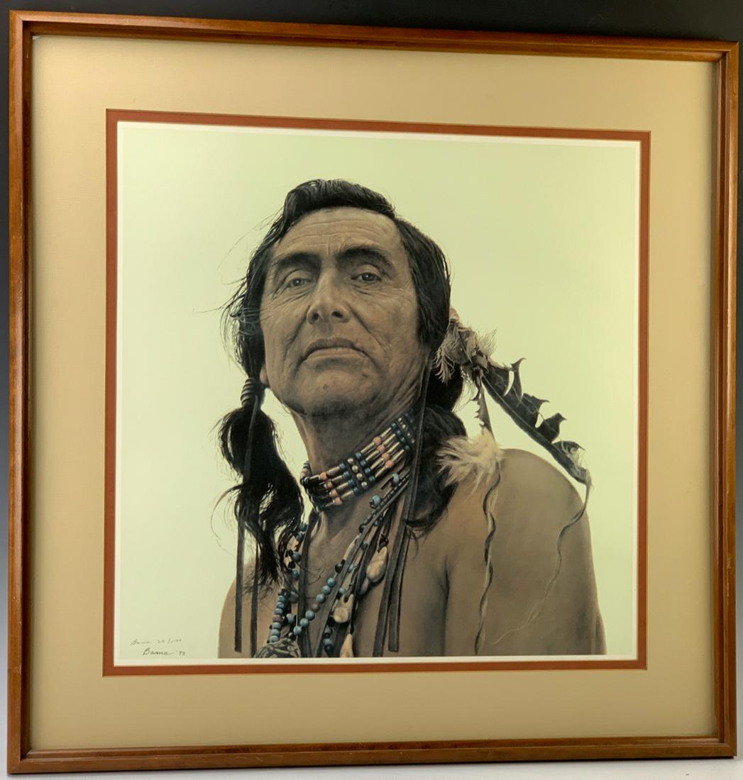 James Bama Signed & Numbered "Sioux Indian": 1979, limited edition print "29/1500", signed "Bama 79", 20" x 20" sight, 28" x 28" with frame