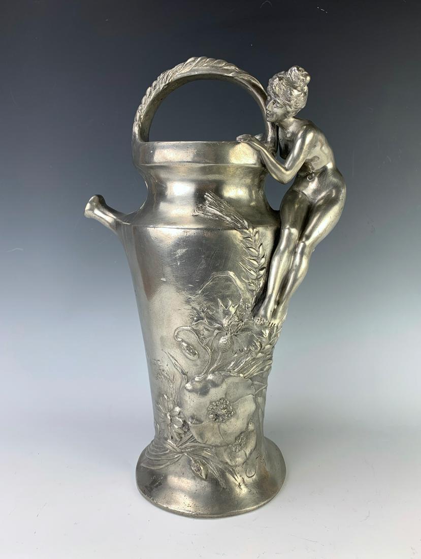 Jules Jouant (1863-1921) Art Nouveau Vase C.1890: Signed "Jouant" in pewter, depicting a nude nymph sitting atop a spouted vase decorated in relief of wheat stalks and flowers, pictured in Phillipe Dahhan Etains 1900 page 207 lower right, very good c