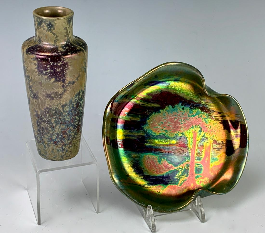 2 Clement Massier Iridescent French Art Pottery: Includes a small vase marked "C.M." and a wavy dish with scene marked "Clement Massier-Golfe Juan", very good condition, 5.5" widest