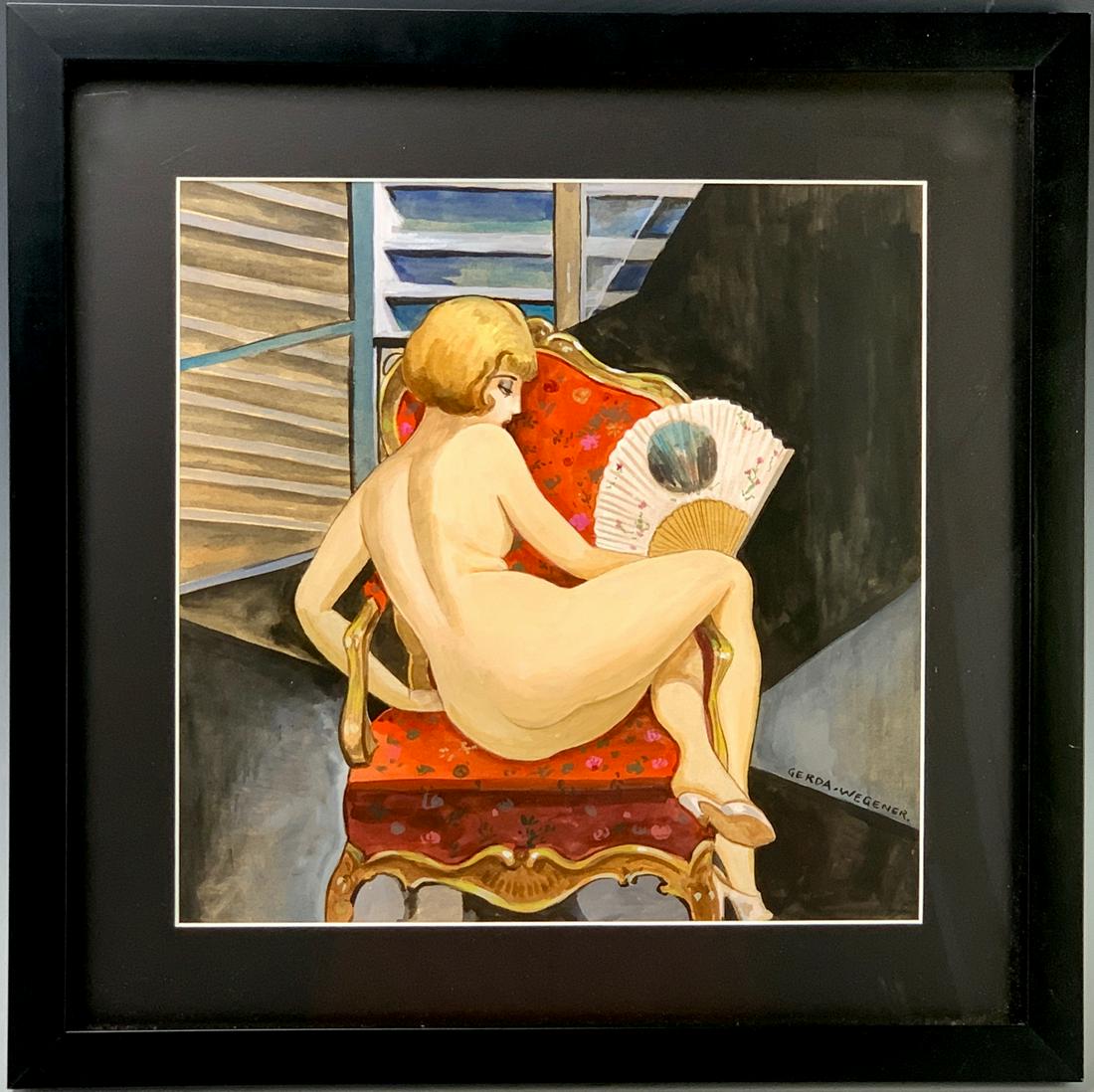 Gerda Wegener (1886-1940) Nude Watercolor: Watercolor having a nude with fan sitting in chair, known for her illustrations, signed on lower right "Gerda Wegener", has gallery stamp on verso "Gallerie Louise Lelris", good condition, 12.5" x 12.