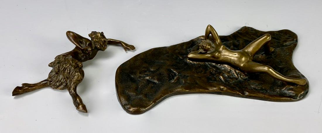 Erotic 2pc. Bronze of a Satyr & Reclining Nude: Having a bronze nude lady laying on her back and a separate bronze satyr, Austrian made, good condition, 7" longest
