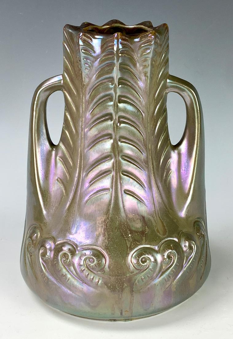 Louis Majorelle (1859-1926) Art Nouveau Vase: Having a rare iridescent double handled "Ferns" vase, signed "Majorelle" and stamp for Rambervilliers Ceramique, minor nick at top rim, 9.5" height