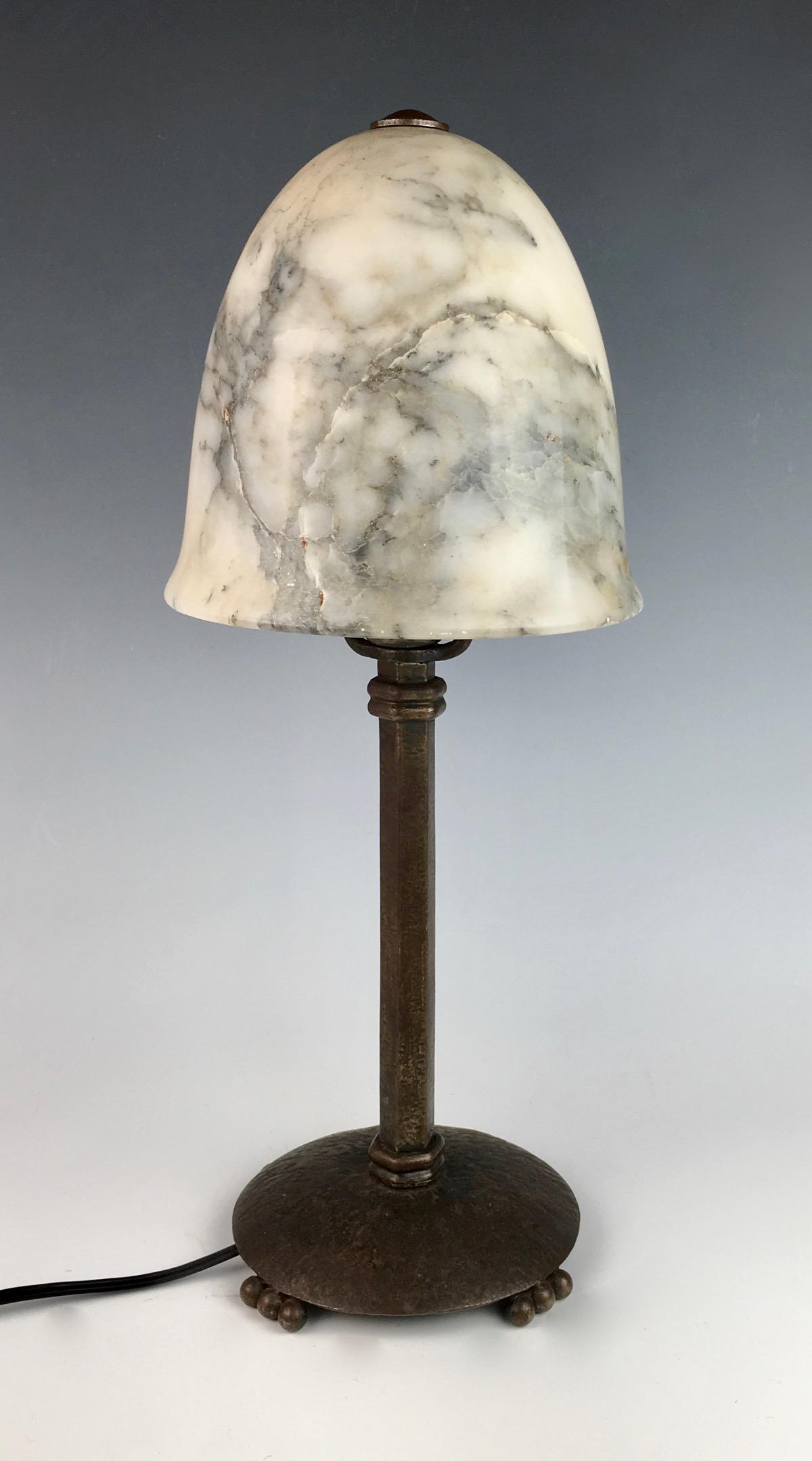 Edgar Brandt Marble Shade Art Deco Lamp: Circa 1920, by Edgar Brandt (French 1880-1960), made in France, signed "E. Brandt", very good condition, 15.5" height *Wiring should be inspected before use*