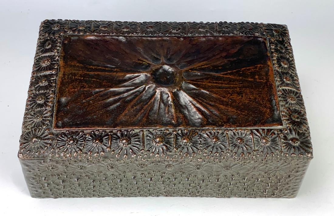 Rare Tiffany Studios Bronze Volcano C. 1900: Rare patinated bronze humidor in the volcano pattern by Tiffany Studios NY, has cedar lining with its separate cover, signed "Tiffany Studios, New York 826", appears to be in fine condition, 9" x 5.75