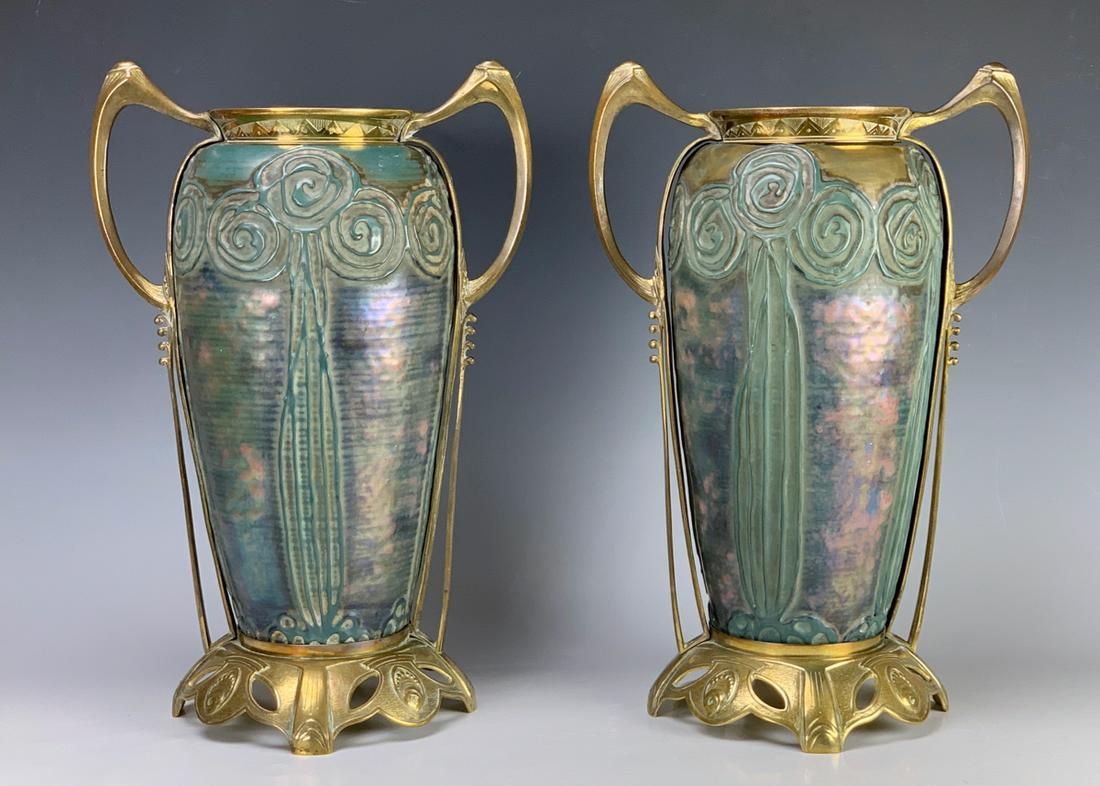 Rare Pair Amphora Iridescent Vases Bronze Handles: Never seen before are these amazing Amphora vases encased with a gilt bronze handles, each are iridescent with rib like raised linear designs, attributed to Paul Dachsel, each is signed with the Ampho