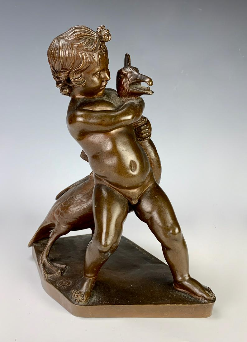 Antique Bronze of a Boy Sgd F. Barbedienne: Circa 1900, "Goose Guardian", a wonderful French bronze of a nude boy with a goose, signed "F. Barbedienne" , with seal "Colas Mechanical Reduction", very good condition, 10.5" height