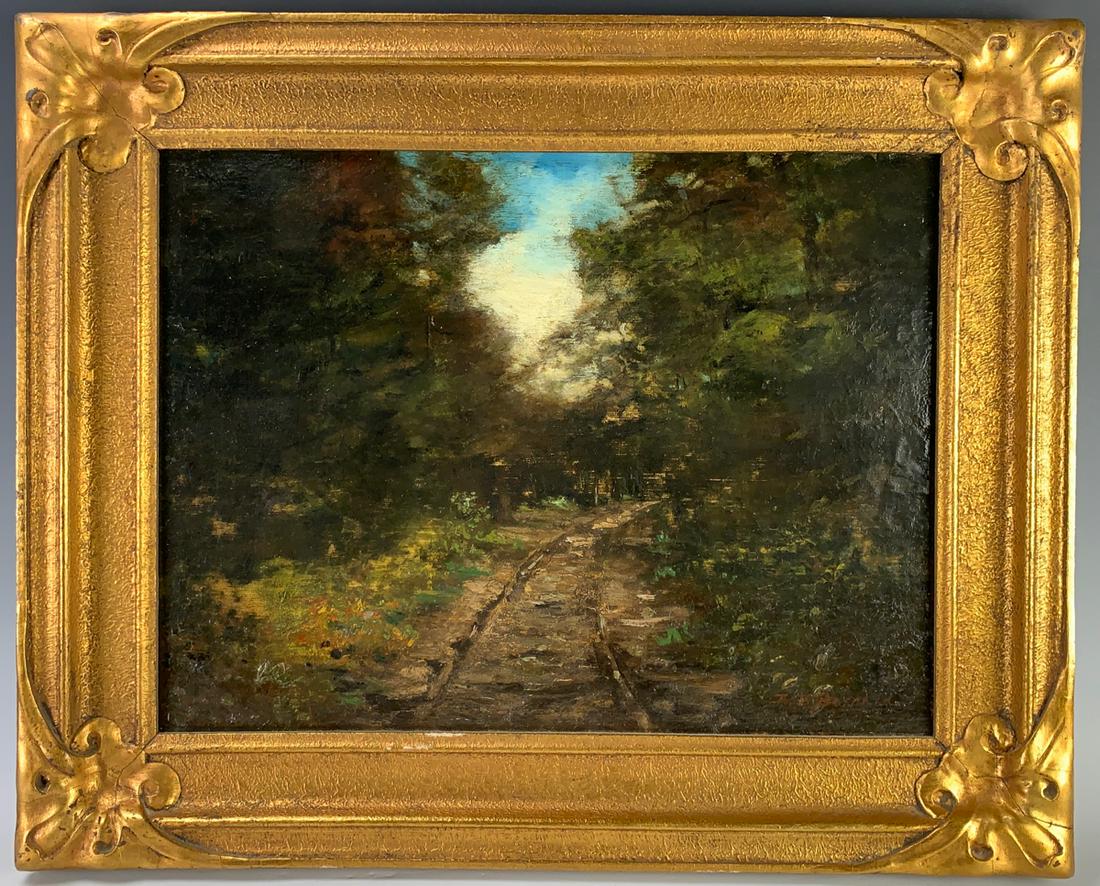 A.B. Bernard "Forest Trail" 19th C. Oil on Canvas: Barbizon School landscape, forest scene with trail, late 19th century, signed on lower left "A.B. Bernard", mounted in gilt frame, good condition, 16" x 12", 20.5" x 16.75" with frame