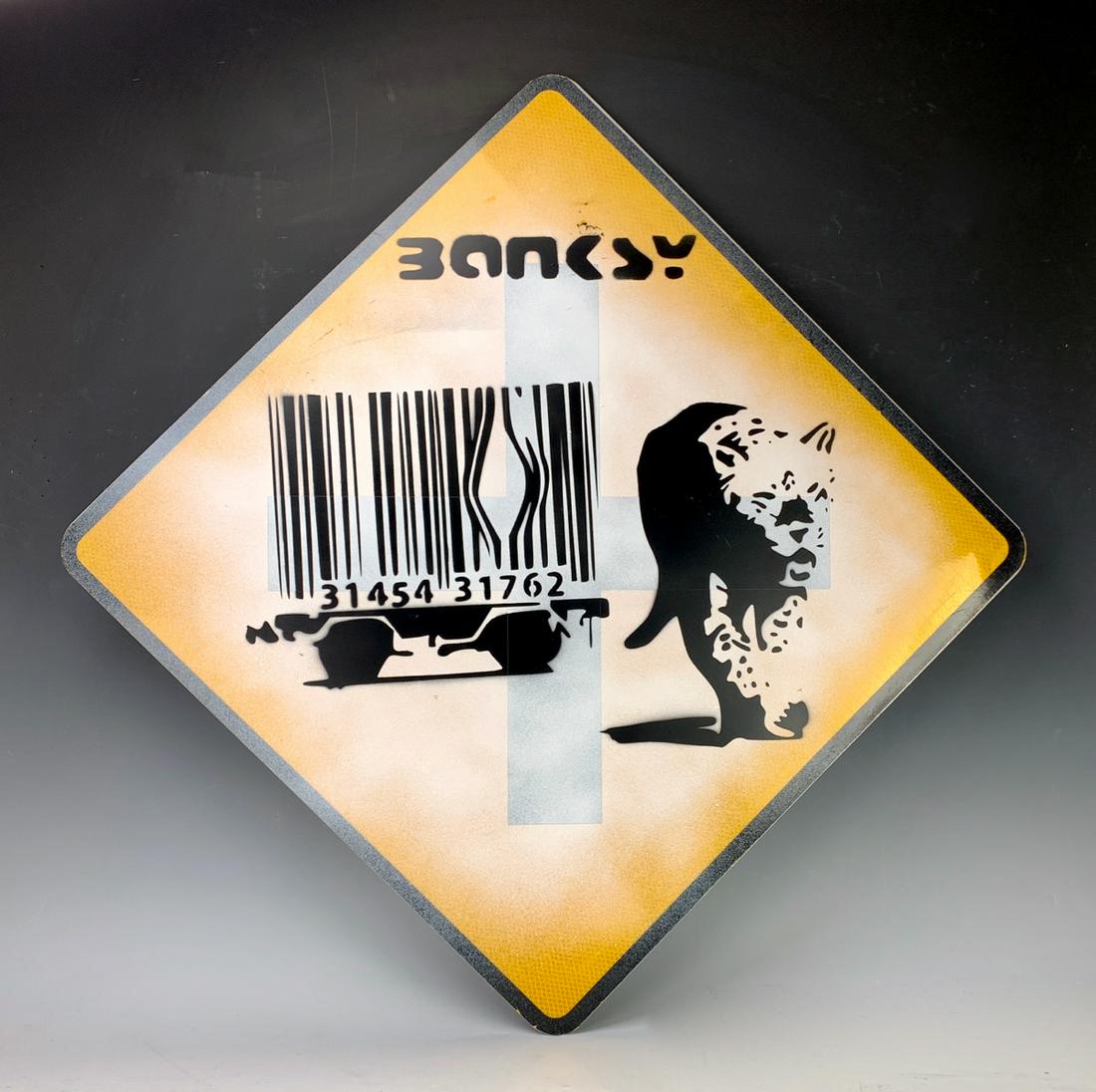 Banksy (Manner of/ Attrib.) Barcode Street Sign: Banksy (British 1974) manner of/attributed: Barcode, spray paint on metal street sign, tagged "Banksy", this sign is heavy steel, United Kingdom traffice sign, good condition, 24" square
