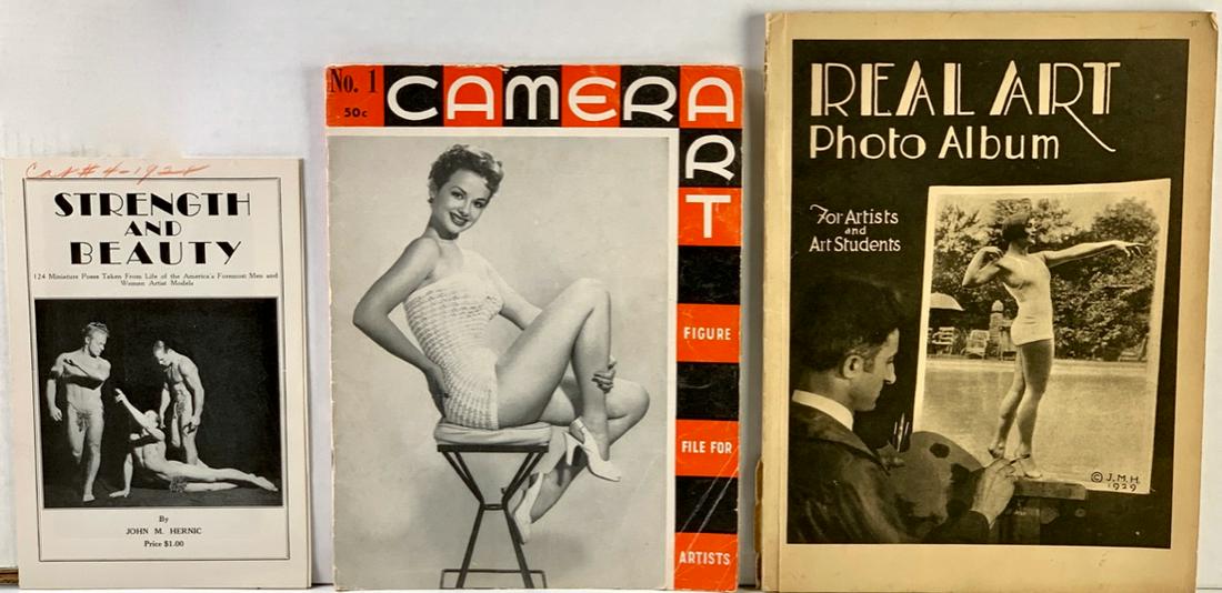 3 Nude Model Magazines C. 1930's: Having a "Real Art Photo Album for Artists and Students" 1st edition volume 1, mostly made nudes, 50 in total, 2nd magazine titled "Strength and Beauty" with over 124 miniature photos, mostly male nud