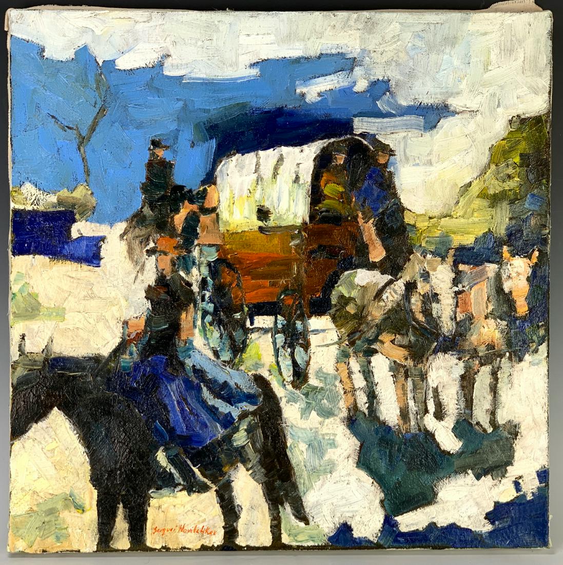 Sergui Novitchkov (Russia b. 1969) "Wagon Train": Great impressionist oil on canvas depicting a western scene of a "Wagon Train", Sergui attended the art institute in Moscow for 5 years, known for his wonderful abstracts, very good condition, 18" x 1