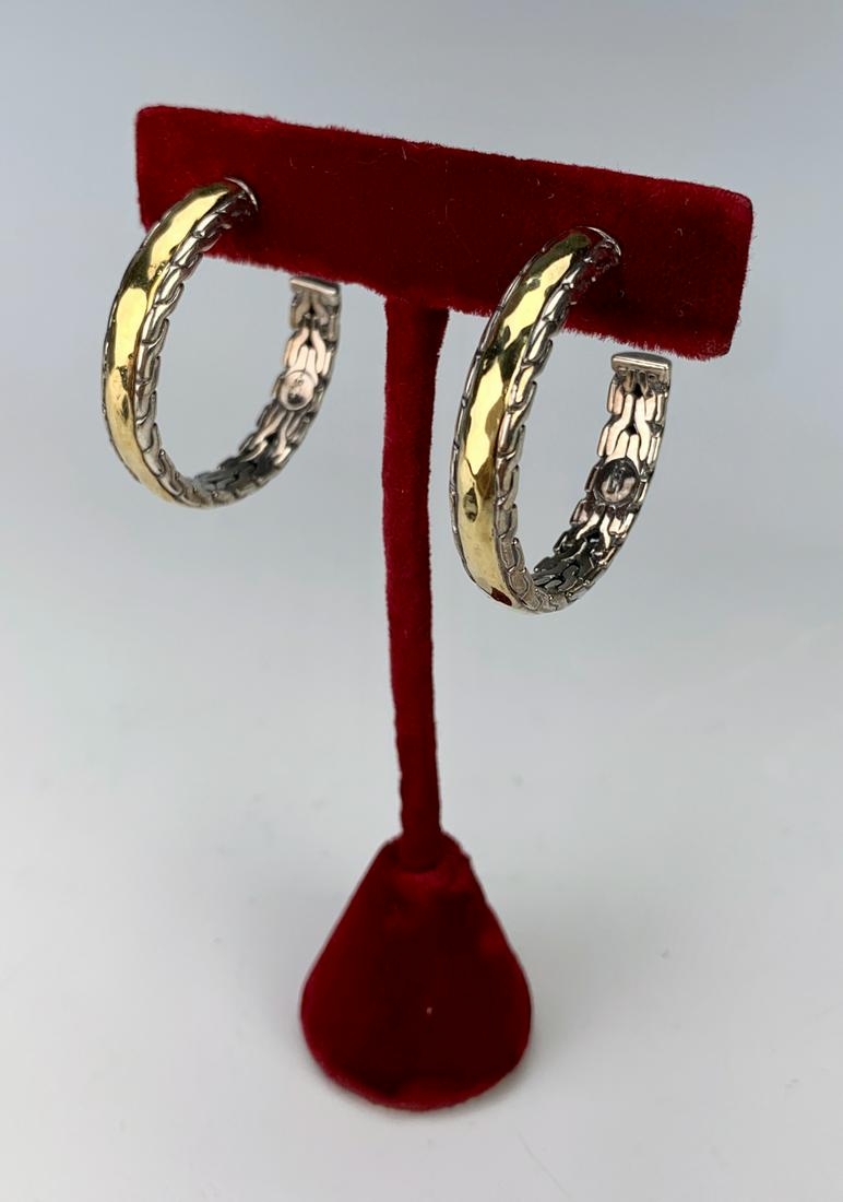 John Hardy Sterling & Gold Wash Hoop Earrings: Hoop earrings of sterling silver with gold wash detail, signed with John Hardy JH logo, also "925", posts, diameter of hoop 33mm, very good condition*Video available upon request*