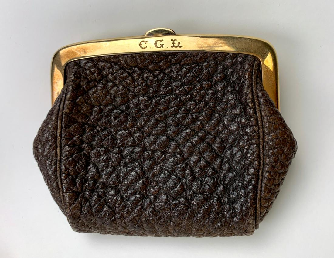 Alligator & 14K Gold Change Purse: Circa 1900 alligator coin purse with 14k gold frame, with monogram CGL, marked, sueded interior, very good condition, 2.8" x 3.35"*Video available upon request*