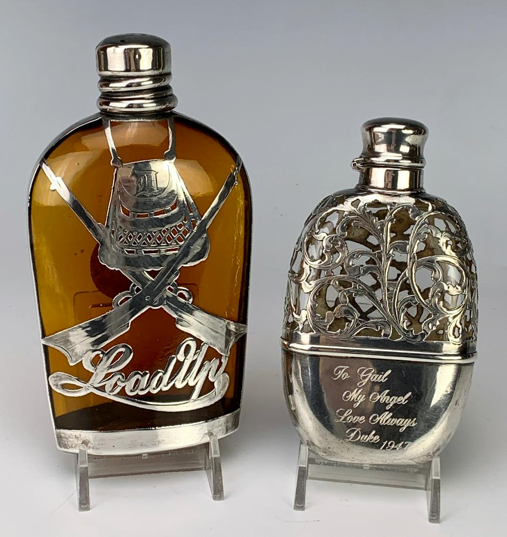 2 Silver Overlay Flasks, 1 in Amber Glass: 2 silver overlay flasks, silver overlay with clear glass inscribbed "To Gail my angel, love always Duke 1947", other is silver overlay in amber glass, crossed rifles and marked "Load Up" and "Sterling